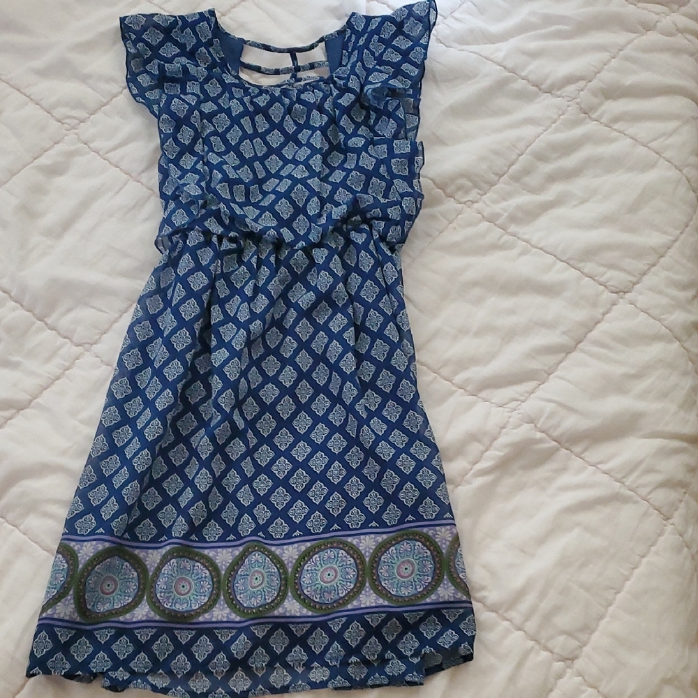 Speechless Blue Patterned Tie-Waist Flutter Sleeve Dress